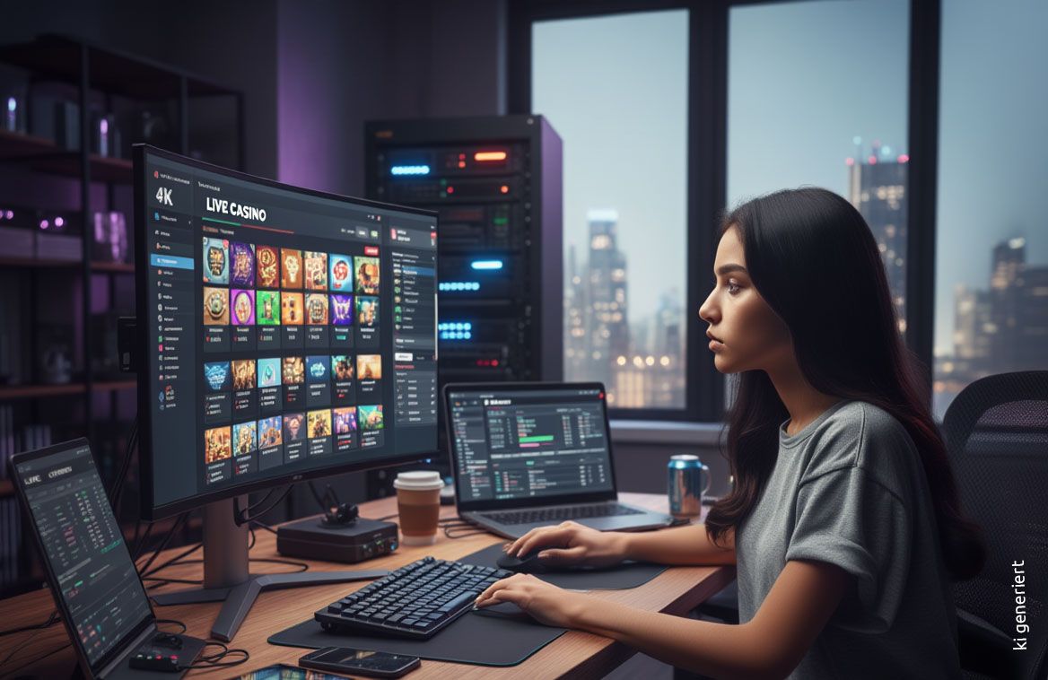Frau am PC betreibt Online-Casino, umgeben von Technik